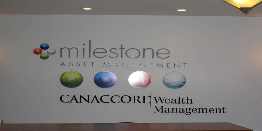 Reception wall logo for Milestone, Canaccord Wealth Management