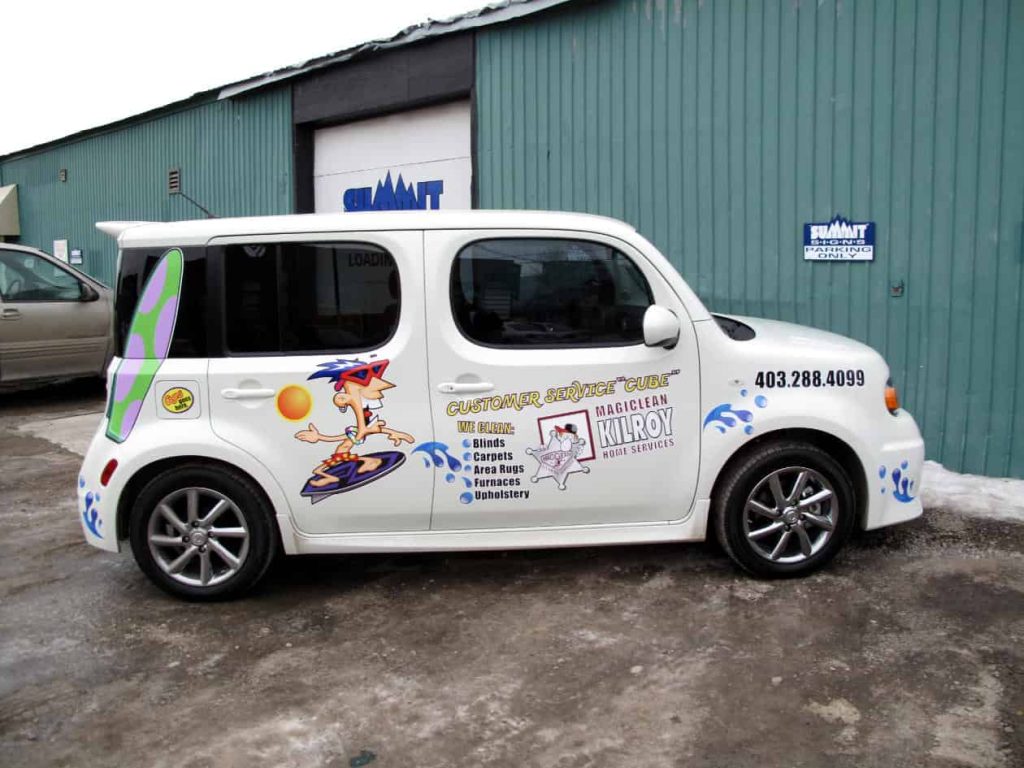 Custom vinyl graphics on a white car