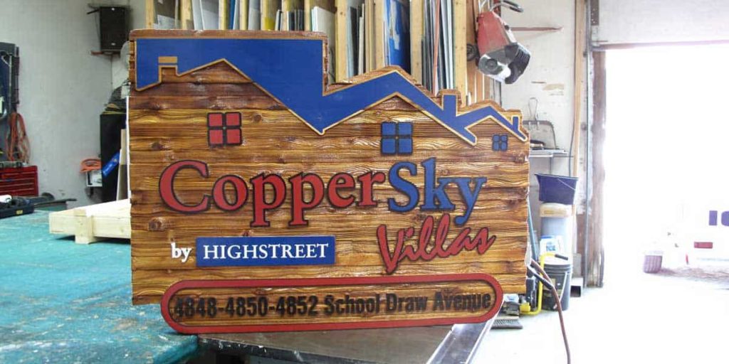 Sandblasted wood sign for Copper Sky Villas