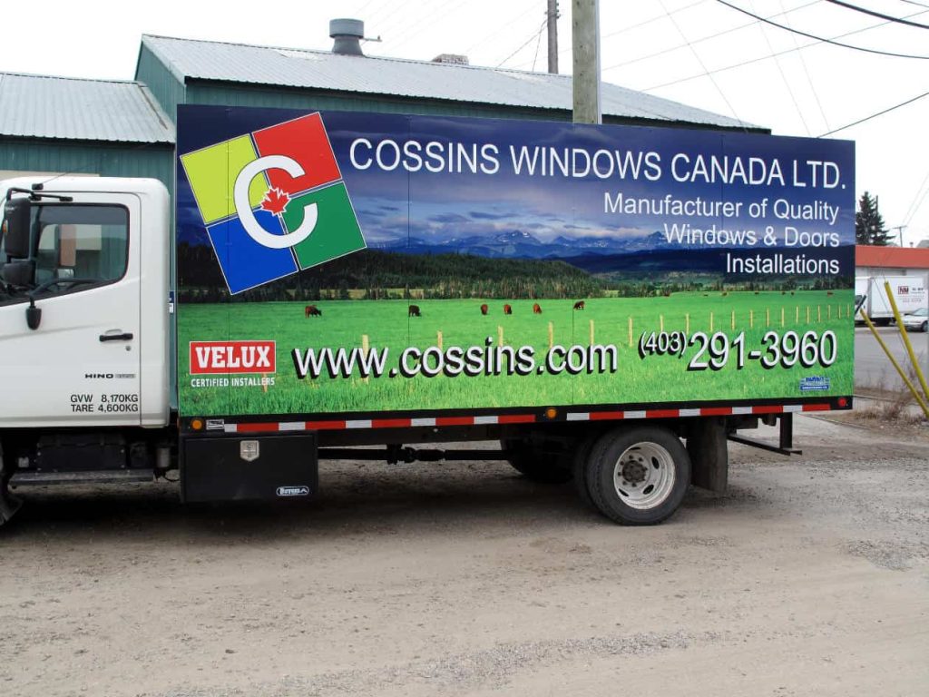 Delivery truck wrap for Cossins Windows, Calgary